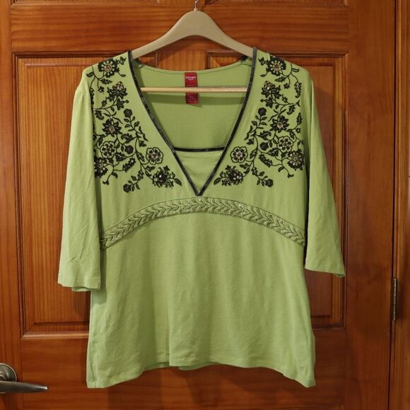 Sigrid Olsen Green Floral Embroidered Blouse 12 Y2K 90s Top - Picture 15 of 15